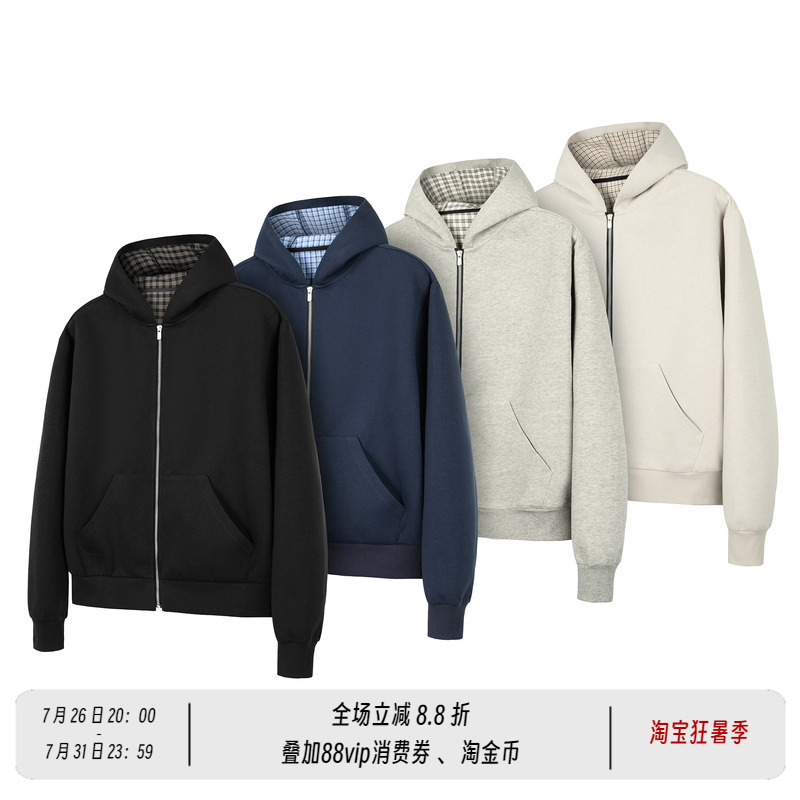 New Decay Plaid Hooded Zipper Cardigan Casual Workwear Loose Hooded Sweatshirt Jacket for Men and Women