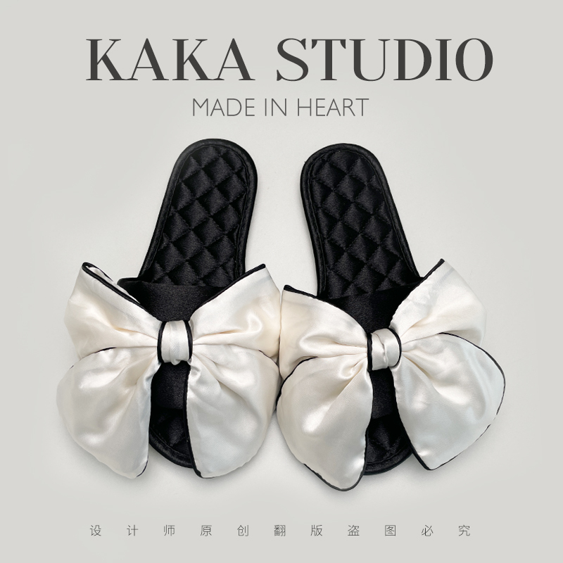 ins Style Simple Satin Bow Slippers for Spring and Summer, Non-Slip Indoor and Outdoor Wear, Flat Soft-Soled Home Slippers for Women