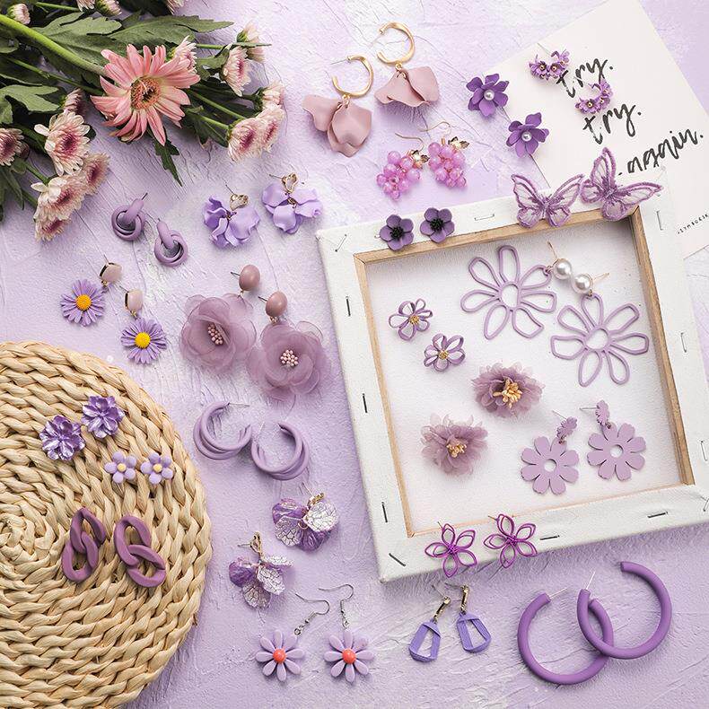 92 silver ZCX needle ear red ring 20250 new trendy purple simple series about ear needle Korean version net flower earrings