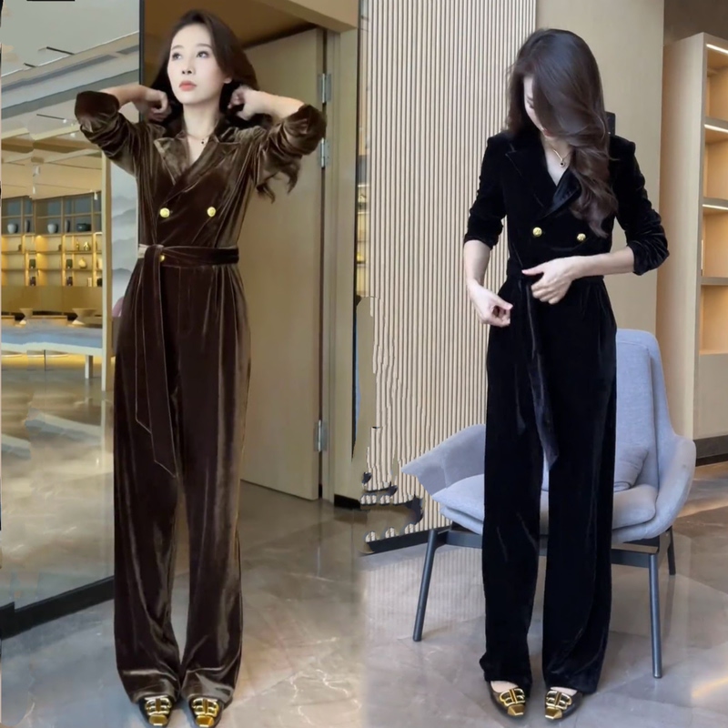 Jumpsuit for Women 2025 Autumn New Style Light Mature Style Elegant Feminine High-Waisted Slimming Velvet Wide-Leg Jumpsuit