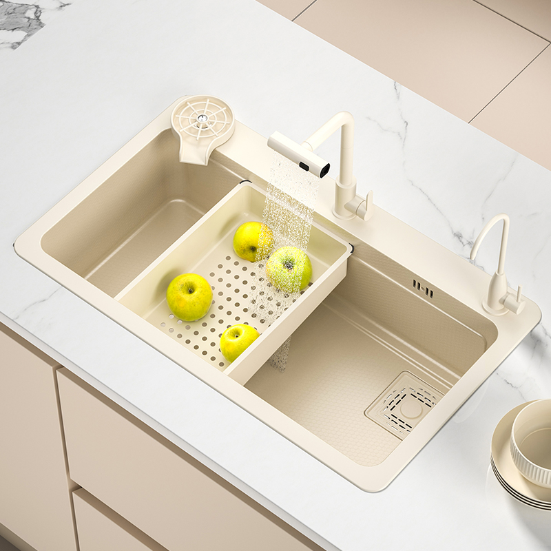 クリームスタイルのキッチンシンクナノ304ステンレススチールシンク大型シングルトラフ家庭用滝シンクカウンター下洗面台