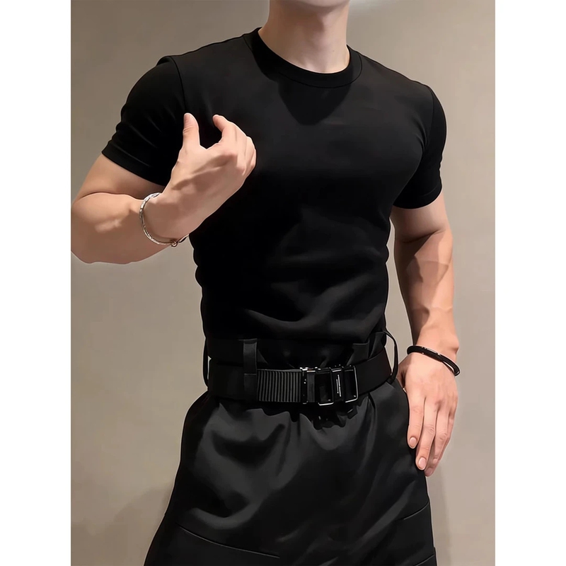 Black Cuffed Fitness Short-Sleeve Men's Summer Muscle-Enhancing Regular Shoulder T-Shirt Slim-Fit Training Sports Quick-Dry Half-Sleeve