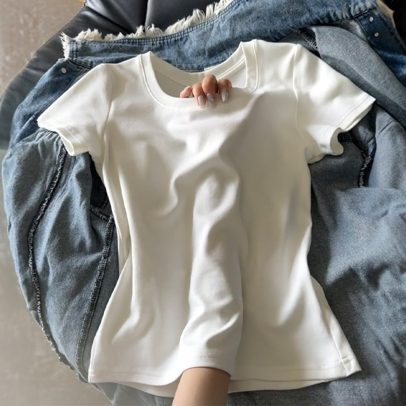 Short-Sleeved Pure Cotton Regular Shoulder T-Shirt for Women 2026 New Summer U-Neck Slim Fit Slimming Base Shirt Waist-Cinching White Top