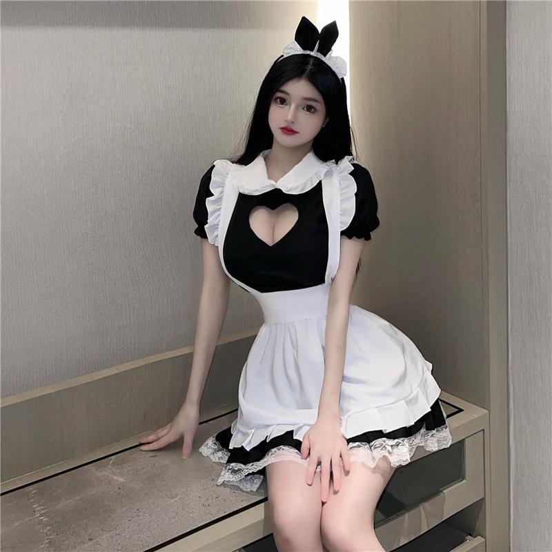 Plus Size Sexy Heart-Shaped Cat Maid Outfit, Seductive Lace Role-Playing Maid Cos Costume, No Need to Take Off