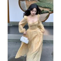 A jar of almond peach (caramel milk tea) French retro princess gentle style dress super fairy long skirt