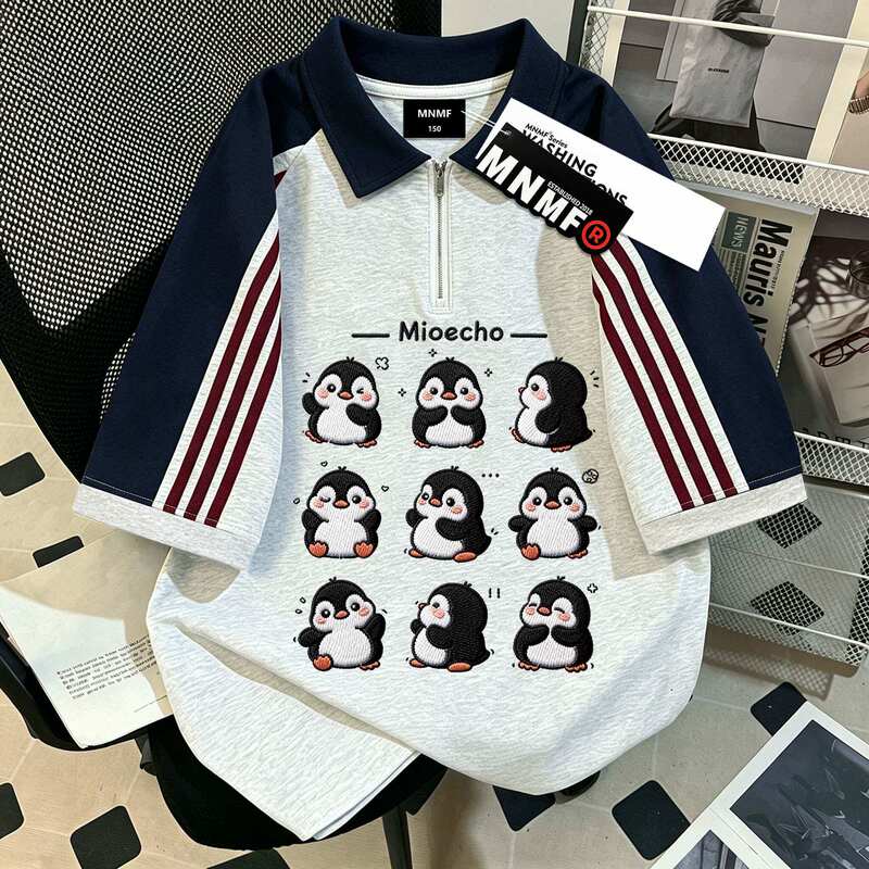 Summer New Style Boys and Girls Pure Cotton Raglan Polo Shirt Short-Sleeved T-Shirt Cartoon Imitation Embroidery Penguin Print Top