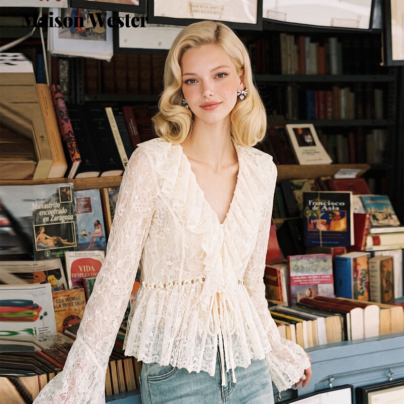 Maison Wester 2026 Winter New Style French Design Ruffled Hollow Lace Puff Sleeve Shirt Maison Wester 2026 Winter New Style French Design Ruffled Hollow Lace Puff Sleeve Shirt