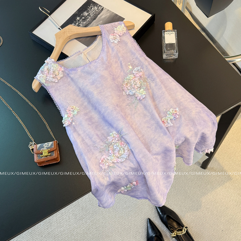 Jimer Summer New Chinese Style Embroidered Floral Sleeveless Vest for Women 2026 Model Light Luxury Versatile Purple Top
