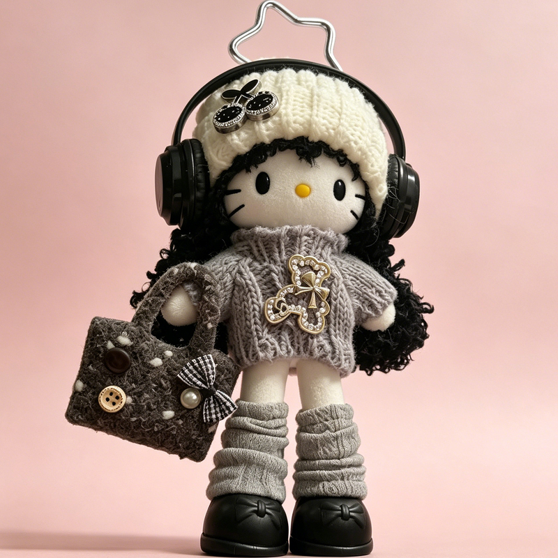 Japanese Authentic Black Leather Hello Kitty Long-Legged Kt Plush Doll Bag Pendant Backpack Decoration Gift