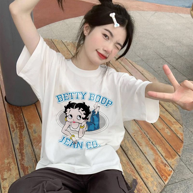 240g Heavyweight American Retro Betty Style Pure Cotton Short-Sleeve T-Shirt for Women, Summer Loose Fit, Versatile Chic Top for Students