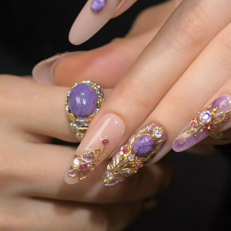 Kosini [Purple Dragon Crystal] Handmade Wearable Nails Medium-Length High-End Nail Art Patch Finished Fake Nails for a Fairer Look