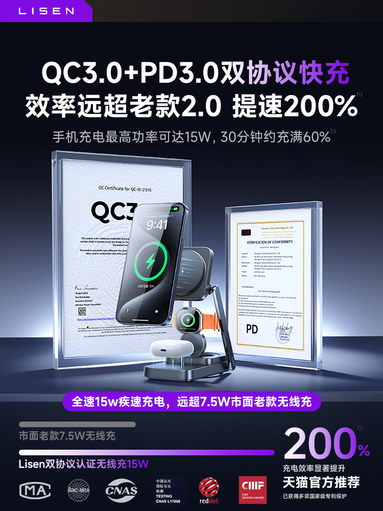 Three-In-One Wireless Charger Magsafe Stand Magnetic Fast Charging Suitable for Apple 17Pro Mobile Phone iPhone Desktop Charging Base Qi 80% off Stackable Iwatchs9 Watch Earphones AirPods