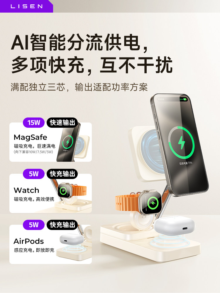 Three-In-One Wireless Charger Magsafe Stand Magnetic Fast Charging Suitable for Apple 17Pro Mobile Phone iPhone Desktop Charging Base Qi 80% off Stackable Iwatchs9 Watch Earphones AirPods