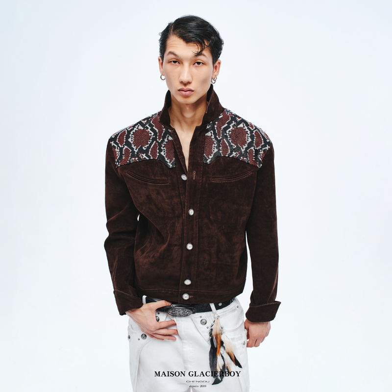 Heavy-Duty Snake-Pattern Bead Embroidery Flocking Western Jacket | Casual Jacket for Men, Autumn and Winter, High-End Feel | Glacierboy