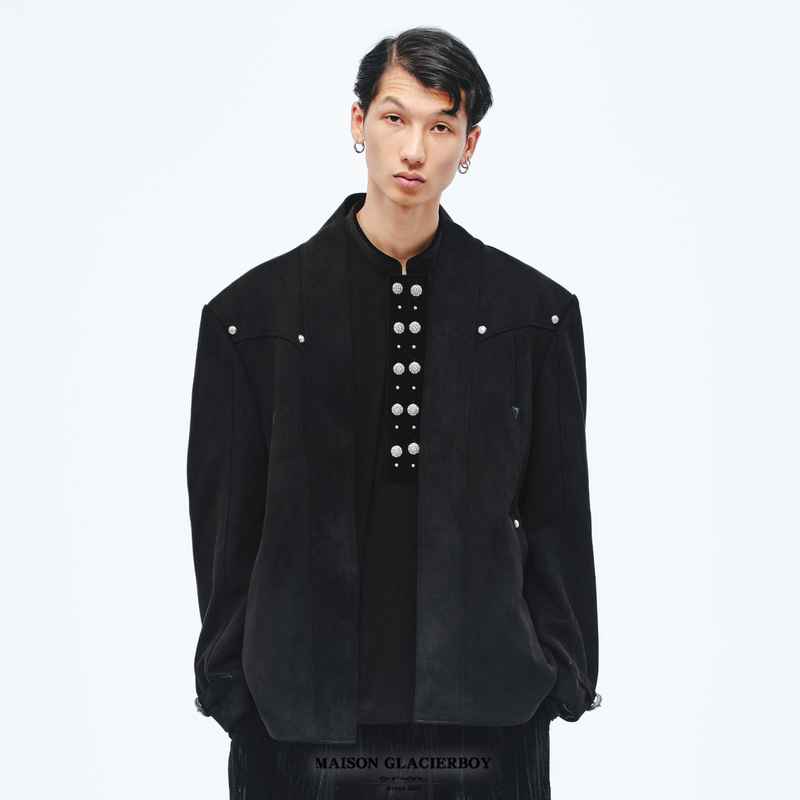 Suede Tassel Robe Casual Suit | Rivet Collarless Buttonless Cardigan Jacket for Autumn and Winter | Glacierboy
