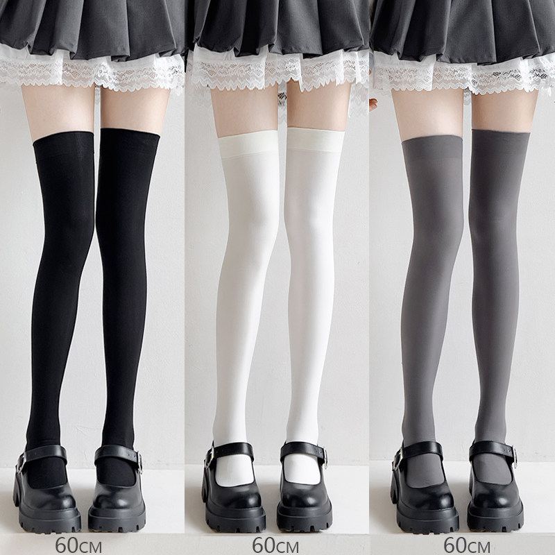 女性用薄手グレー着圧ニーハイソックス、JKスタイル、スリム効果、長さ60cm、シリコン滑り止め付き着圧ソックス