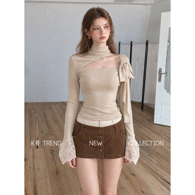 Korean Style Halter Neck Cutout Long Sleeve T-Shirt for Women, Autumn and Winter Bow Lace Bell Sleeve Slim Fit Slimming Base Shirt Top Korean Style Halter Neck Cutout Long Sleeve T-Shirt for Women, Autumn and Winter Bow Lace Bell Sleeve Slim Fit Slimming Base Shirt Top