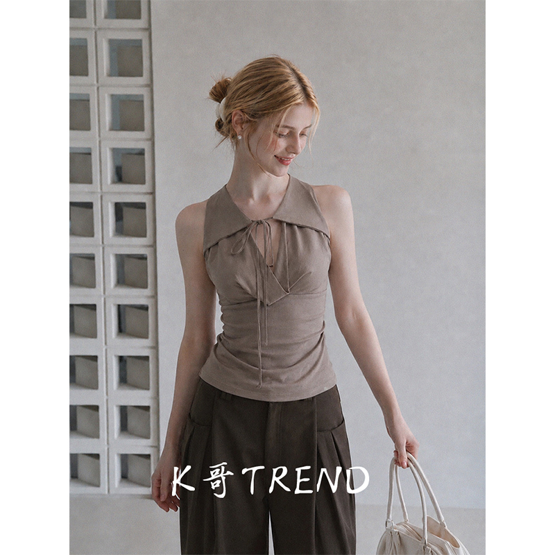 Brown Melard Lapel Tie Sleeveless Vest for Women, Summer Pleated Waist-Cinching Slimming Versatile Design Top Trendy Brown Melard Lapel Tie Sleeveless Vest for Women, Summer Pleated Waist-Cinching Slimming Versatile Design Top Trendy