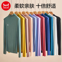 Cat people spring autumn new Modale semi-high collar bottom shirt woman big code white black inner lap slim cotton long sleeve t-shirt