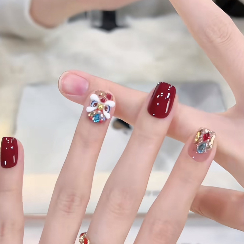 Red Lion Dance Nail Art 2026 New High-End Handmade Manicure Red Atmosphere-Enhancing Short Manicure