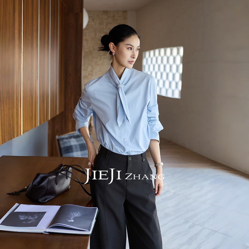 Zhang Qi Jieji Zhang【Qianxi Jian】Autumn 100% Cotton Designer Shirt with French Bow Tie and Ribbon Shirt