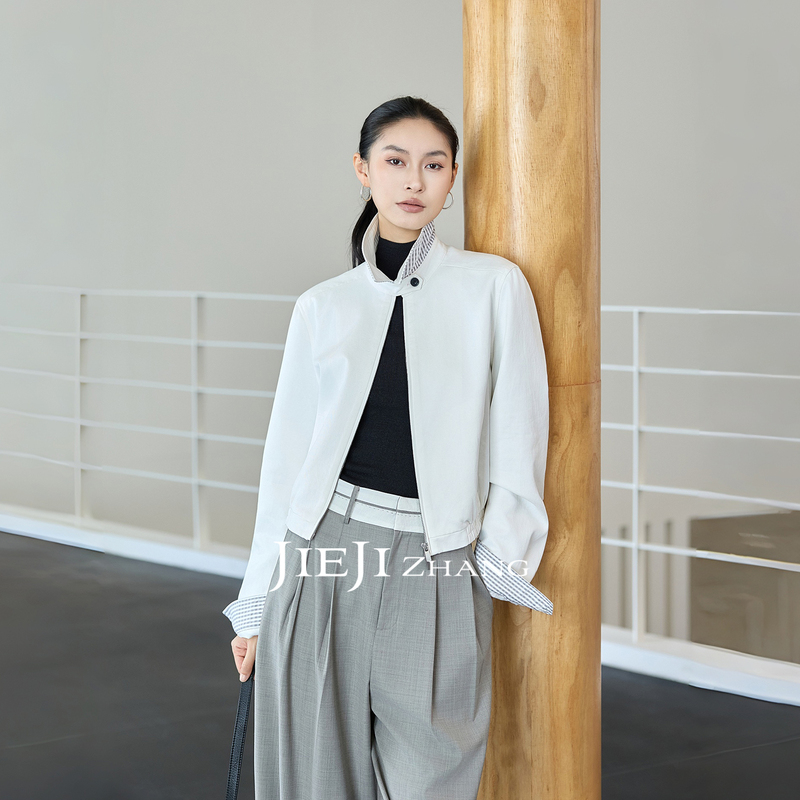 Zhang Qi Jieji Zhang【Bailan】Autumn Lyocell Double Zipper Jacket White Turn-Down Collar Windproof Coat