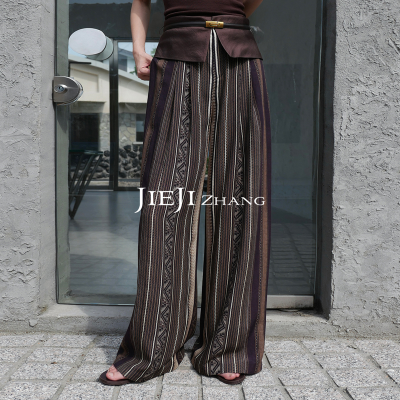 Zhang Qi Jieji Summer Lyocell Retro Brown Vacation Style Wide-Leg Pants with Vertical Stripes for Women Casual Pants Zhang Qi Jieji Summer Lyocell Retro Brown Vacation Style Wide-Leg Pants with Vertical Stripes for Women Casual Pants