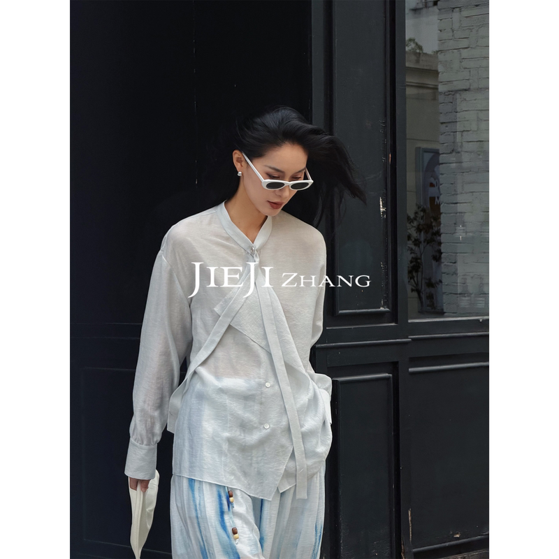 Zhang Qi Jieji【Langlang Shirt】Autumn New Lyocell Design Fashionable Slimming Ribbon Shirt for Women