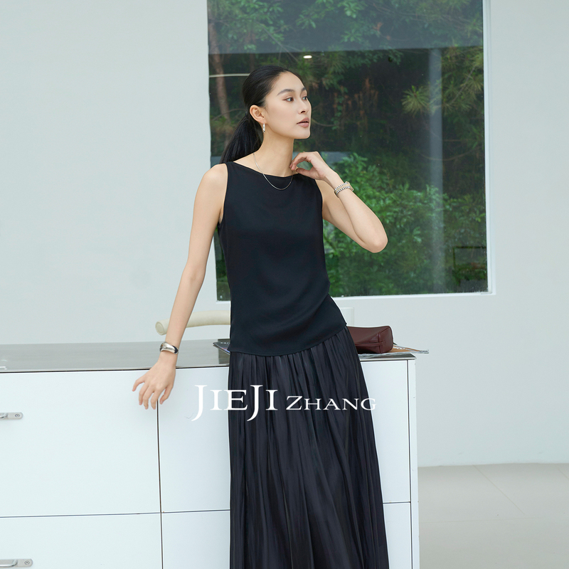Zhang Qi Jieji Zhang【Ink Night Without Traces】Summer Boat Neck Acetate Top Black Sleeveless Vest