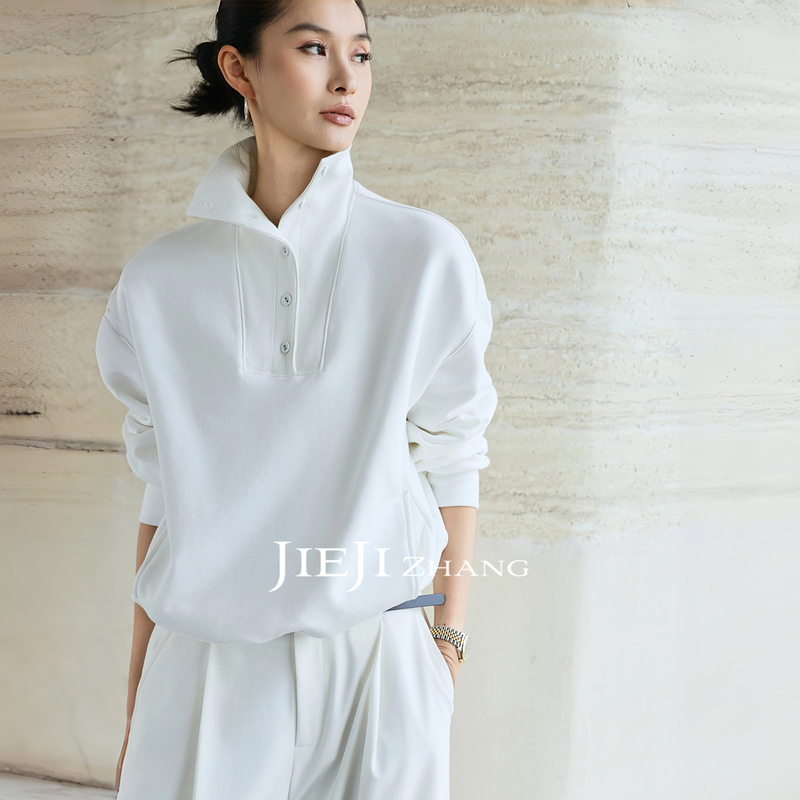 Zhang Qi Jieji Zhang【Urban Casual】Autumn Simple Stand Collar Long Sleeve Knitted White Sweatshirt