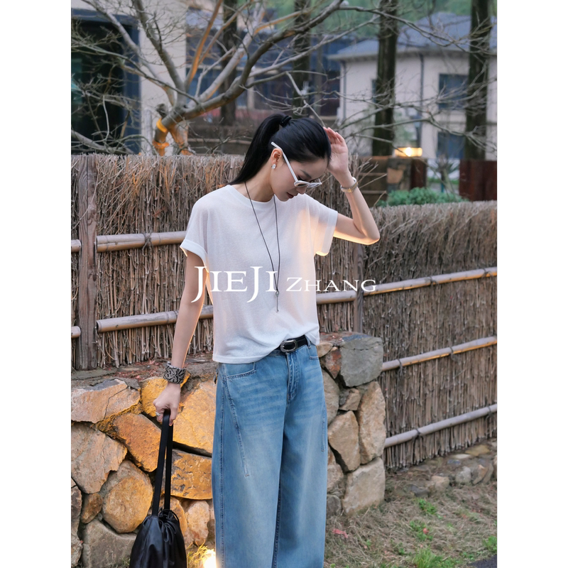 Zhang Qi Jieji Summer Linen Thin Breathable Versatile Round Neck Top Women's Snowflake Mask Short Short-Sleeved T-Shirt Zhang Qi Jieji Summer Linen Thin Breathable Versatile Round Neck Top Women's Snowflake Mask Short Short-Sleeved T-Shirt