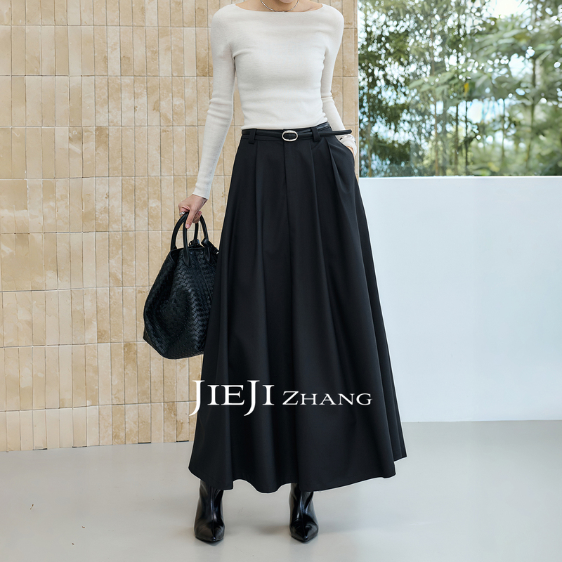 Zhang Qi Jieji Zhang【Night Shadow Skirt】Autumn High-Waisted Pear-Shaped Umbrella Skirt with Pleated A-Line Black Skirt