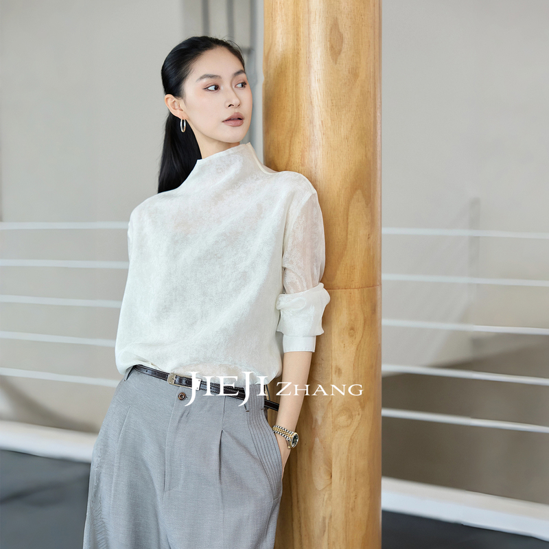 Zhang Qi Jieji Zhang【Breeze and Ripples】Autumn New Chinese Style Stand Collar Top Jacquard Reversible Long Sleeve T-Shirt Zhang Qi Jieji Zhang【Breeze and Ripples】Autumn New Chinese Style Stand Collar Top Jacquard Reversible Long Sleeve T-Shirt