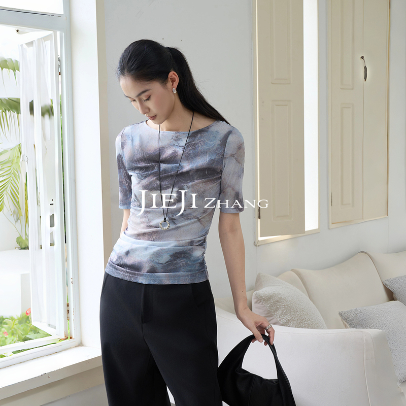 Zhang Qi Jieji【Qian Dai】Summer New Chinese Style Ink Print Top Slim Fit Breathable Women's Short Sleeve T-Shirt Zhang Qi Jieji【Qian Dai】Summer New Chinese Style Ink Print Top Slim Fit Breathable Women's Short Sleeve T-Shirt