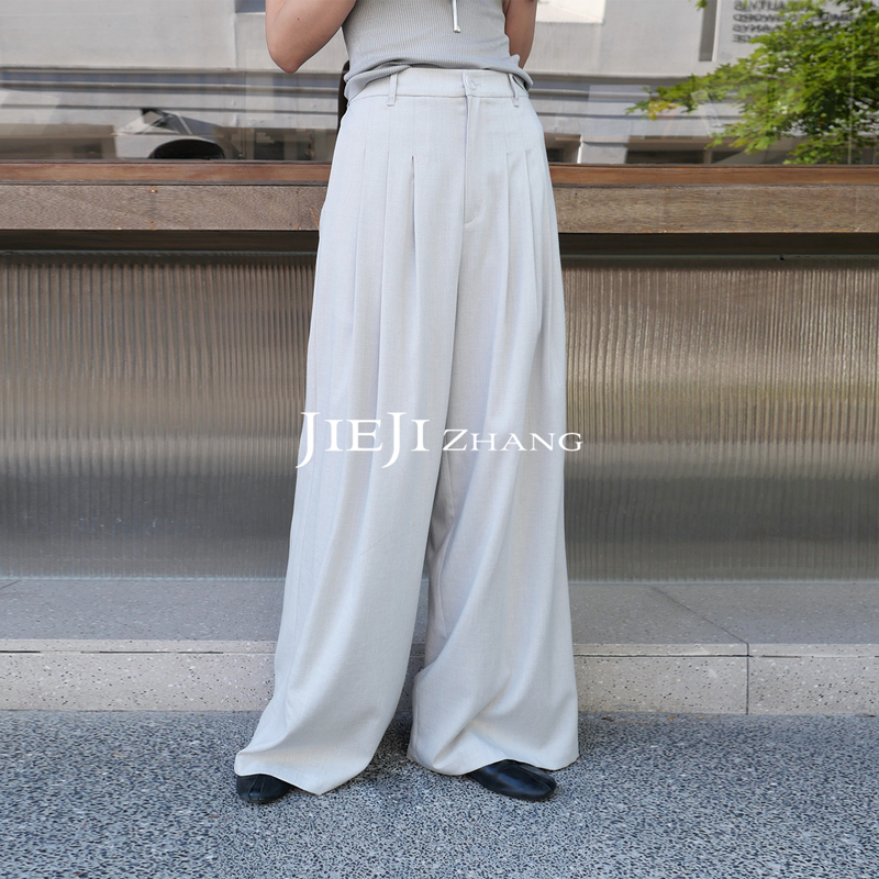 Zhang Qi Jieji Summer Linen Design Gray Long Pants, Slimming, Versatile, Drapey Wide-Leg Women's Casual Pants