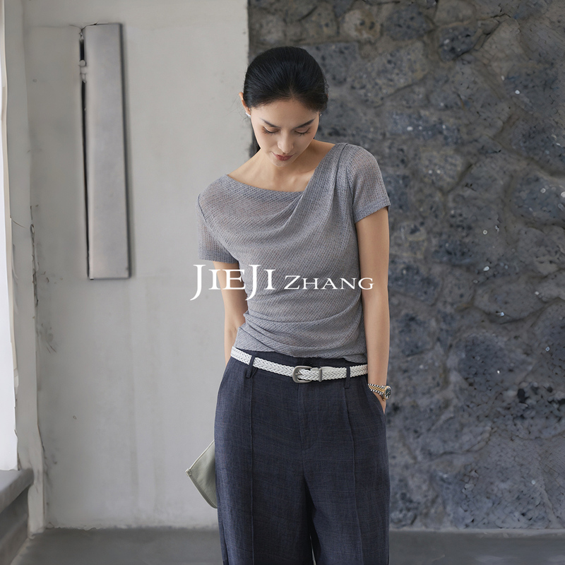 Zhang Qi Jieji Zhang Summer Versatile Design with a Unique Neckline Korean Style Slim-Fit Short-Sleeve T-Shirt for Commuting
