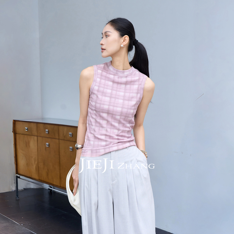 Zhang Qi Jieji Zhang Summer 100% Cotton Knitted Sleeveless Top Retro Gentle Pink Plaid Vest for Women