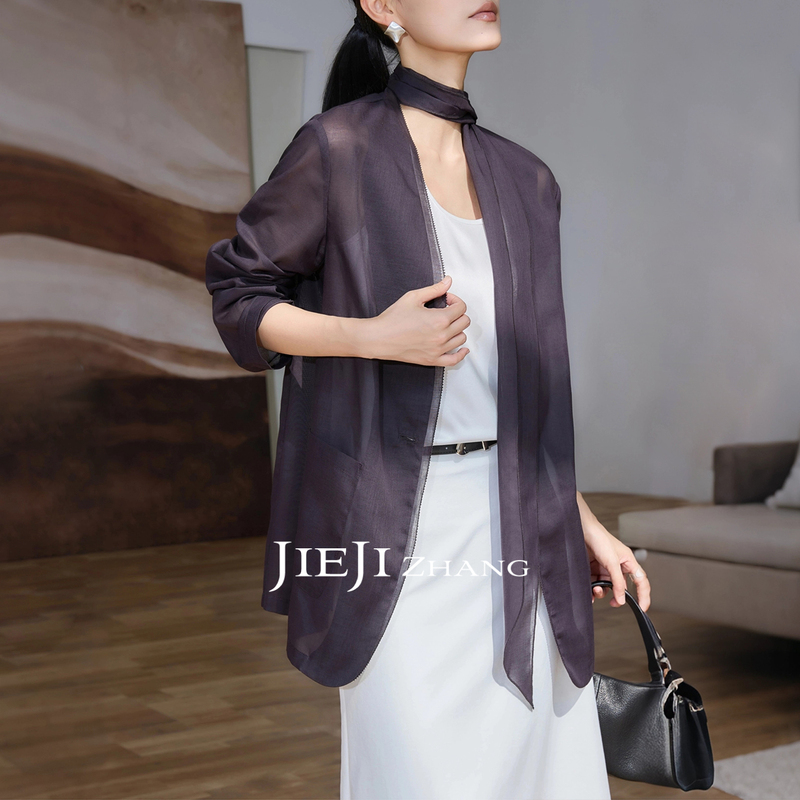 Zhang Qi Jieji Zhang【Mist】Summer Lightweight Gray Sun Protection Shirt with White Ribbon Tie Suit Jacket
