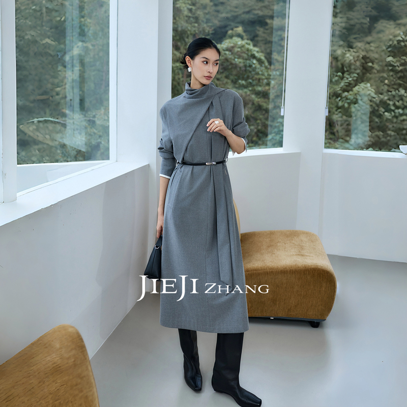 Zhang Qi Jieji Zhang【Autumn Message for You】Autumn Gray Waist-Cinching Long Dress for Tall People, Long-Sleeved Dress Zhang Qi Jieji Zhang【Autumn Message for You】Autumn Gray Waist-Cinching Long Dress for Tall People, Long-Sleeved Dress