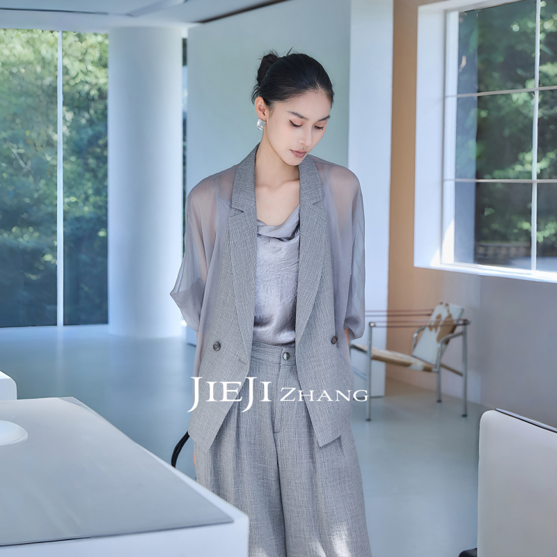 Zhang Qi Jieji Zhang【Misty Green】Summer Three-Button Suit with High-Waisted Wide-Leg Pants, Old Money Style Set
