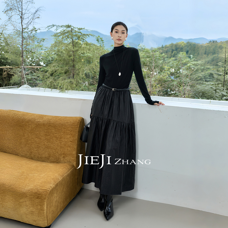 Zhang Qi Jieji Zhang【Layered Skirt】Autumn Hepburn-Style Waist-Cinching Dress with a Half-High Collar, Black Long Dress Zhang Qi Jieji Zhang【Layered Skirt】Autumn Hepburn-Style Waist-Cinching Dress with a Half-High Collar, Black Long Dress