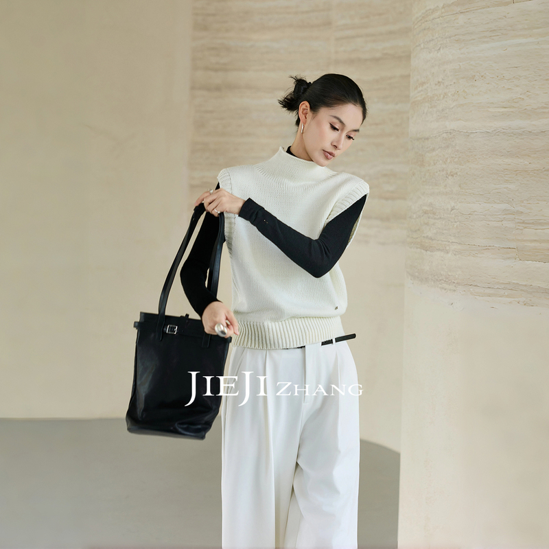 Zhang Qi Jieji Zhang【Qibai】Autumn Casual Half-High Collar Vest, Reversible Layering Knit Vest