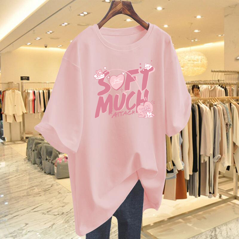 Pink T-Shirt for Women, Short-Sleeved, Loose Fit, 2026 New Summer European Style, Oversized, Pure Cotton, Letter Print, Mid-Length Half-Sleeve Top