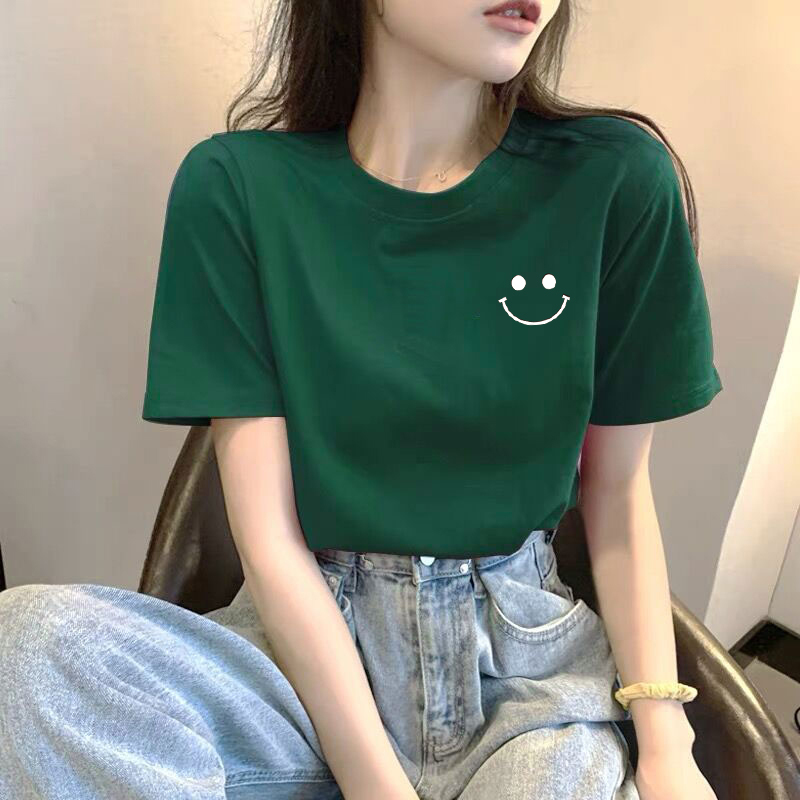 Dark Green T-Shirt for Women, Short-Sleeved, Smiley Face, 2026 New Summer European Style Top, Pure Cotton, Hong Kong Style Chic Base Shirt