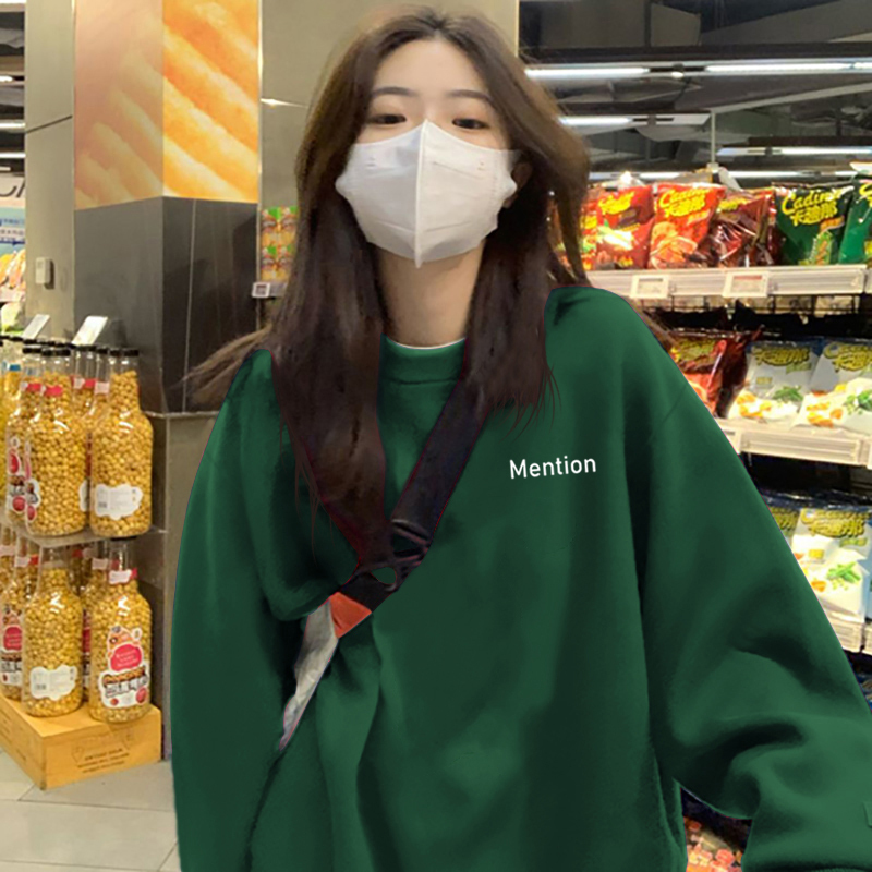 Dark Green Sweatshirt for Women, Round Neck, No Hood, 2026 New Spring and Autumn Thin Style, Fleece-Lined, Thickened, Loose Fit, European Style, Oversized Top