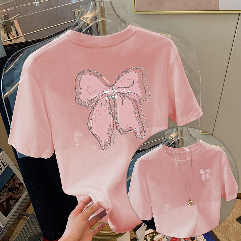 Front and Back Printed T-Shirt for Women, Short-Sleeved, Loose Fit, Pink, 2026 New Summer Style, Pure Cotton, Fashionable, Versatile, Age-Reducing Top, Trendy