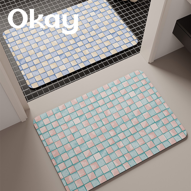 Okay, Qingmeng Water Blue Bathroom Absorbent Floor Mat, Solid Color Geometric Toilet Door Mat, Bathroom Door Mat, Non-Slip Mat