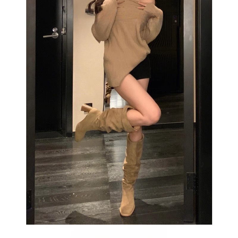 Large Boots, Retro High Heels, Slim Pile Boots, Thick Heel High Boots, Knight Boots, Square Toe Thick Leg Boots