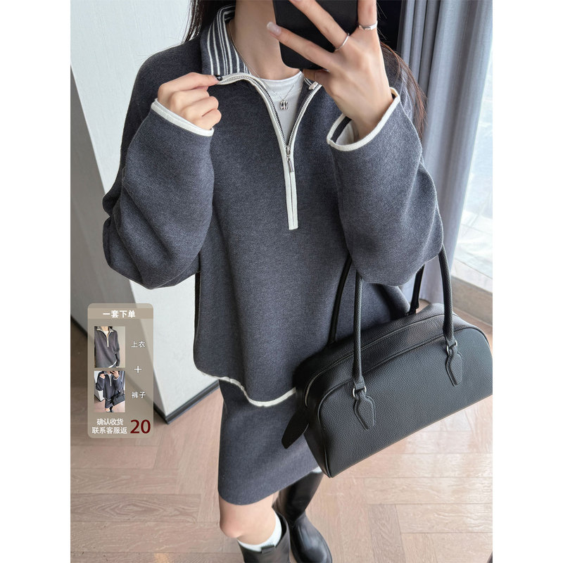 Awencoat【M*Iu Series Set】Classic and Fashionable Striped Collar Knitted Top and Versatile Short Skirt Two-Piece Set for Women Awencoat【M*Iu Series Set】Classic and Fashionable Striped Collar Knitted Top and Versatile Short Skirt Two-Piece Set for Women