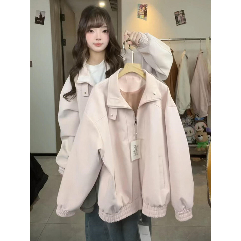 American Retro Lapel Pink Pu Leather Jacket for Women, Autumn Loose Design, Versatile and Casual Baseball Jacket Trend